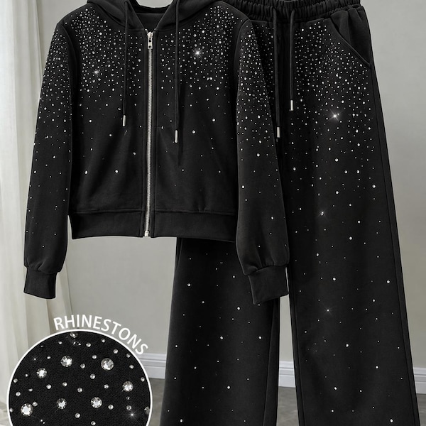 Ensemble sweat à capuche zippé et pantalon de jogging, Studio Angel, polaire oversize en coton et strass