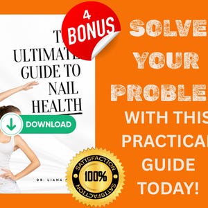 Puede incluir: Gráfico naranja y blanco que promociona una guía de salud de las uñas. La portada presenta el texto "Ultimate Guide to Nail Health" con un botón de descarga. Un círculo rojo con "4 BONUS" está en la esquina.