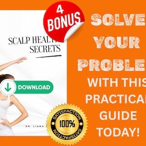 Op de afbeelding: Een oranje achtergrond met de tekst: "LOS JE PROBLEEM OP MET DEZE PRAKTISCHE GIDS VANDAAG!". Een boekomslag met de titel "SCALP HEALTH SECRETS" en een groene "DOWNLOAD"-knop. Een rode cirkel met "4 BONUS" tekst.