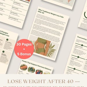 May include: A collection of informational documents with the title "Lose Weight After 40". The documents include text, graphics, and the phrase "30 Pages + 5 Bonus". The color scheme is primarily beige, green, and white.