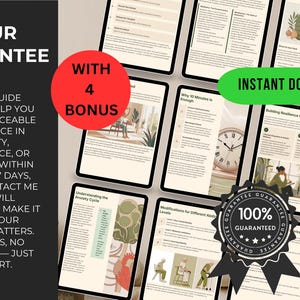 Op de afbeelding: Advertentie voor een digitaal product met meerdere tabletschermen in een cirkelvormige opstelling. De schermen tonen inhoud en tekst, waaronder "YOUR GUARANTEE" en "INSTANT DOWNLOAD". Een rode cirkel met "4 BONUS" is ook zichtbaar.