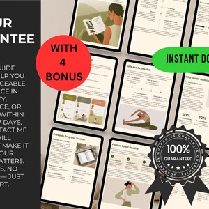 May include: A digital product display featuring a black vertical panel with the text "YOUR GUARANTEE" and a guarantee. The image also includes tablets with guide pages, a red circle with "4 BONUS", and a green oval with "INSTANT DOWNLOAD".