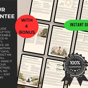 May include: A digital guide with the text "Your Guarantee" and "Instant Download". The guide includes worksheets and bonus materials. A red circle reads "With 4 Bonus". A 100% guaranteed badge is also visible.