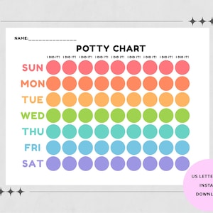 May include: A potty chart with a rainbow color scheme. The chart has a space for a name and a grid with circles for each day of the week. The text "POTTY CHART" is at the top. The chart is labeled "US LETTER SIZE" and "INSTANT DOWNLOAD".