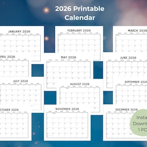Könnte beinhalten: Eine Sammlung von druckbaren Kalendern für 2026, die jeweils einen Monat von Januar bis Dezember zeigen. Die Kalender sind in einem minimalistischen Design mit schwarzem Text auf weißem Hintergrund gehalten. Der Text "2026 Printable Calendar" ist enthalten.