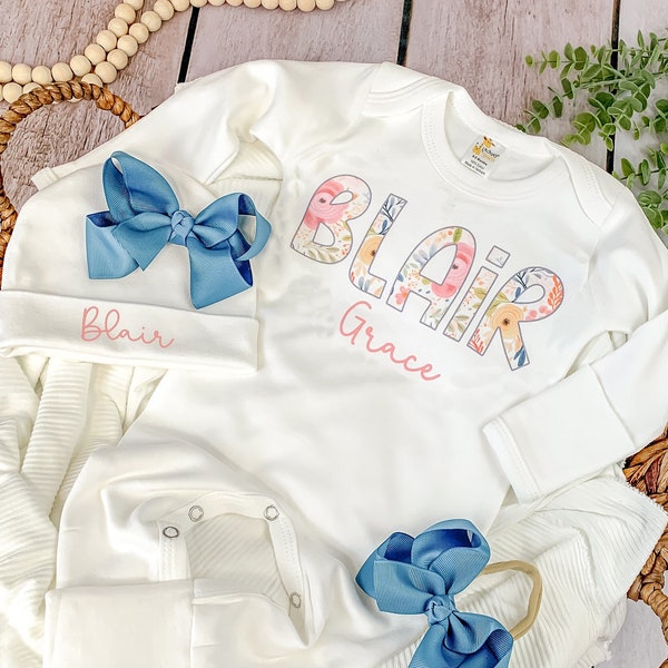 Blue and Coral Blooms Newborn girl coming home outfit baby girl coming home outfit personalized baby outfit girl newborn photo outfit