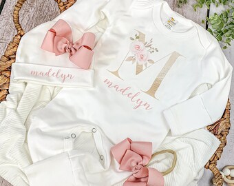 Newborn girl Coming home outfit Personalized baby girl outfit Custom name coming home outfit baby shower gift Gold and Rose baby set