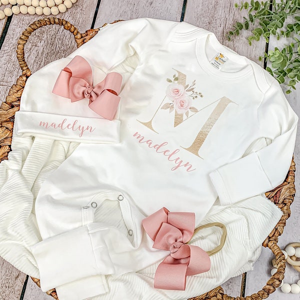Newborn girl Coming home outfit Personalized baby girl outfit Custom name coming home outfit baby shower gift Gold and Rose baby set