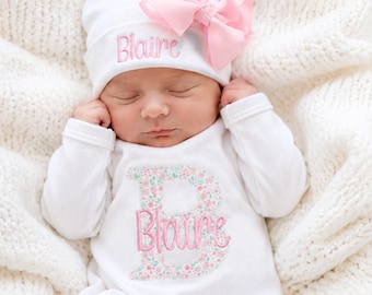 Going home outfit baby outfit: Personalized Baby Girl Outfit Set Soft Pink and Green Coming Home Romper Hat and Bow Headband