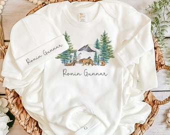 Woodland Animal Outfit Baby Boy Woodland Animal Theme Forest Animal Nursery Coming Home outfit Watercolor Bear Deer Fox Hat and Romper Set