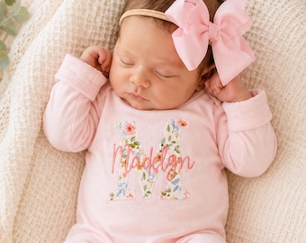 Personalized Baby Girl Pink Wildflower Coming Home Outfit: Embroidered Pink Floral Initial Footie & Hat Take Home Hospital Outfit