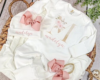 baby girl newborn outfit coming home clothes Personalized baby girl outfit Custom name coming home outfit Initial baby girl outfit