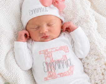 Custom Baby Girl Personalized Baby Romper Blush Pink Floral Embroidered Set newborn girl coming home outfit shower gift