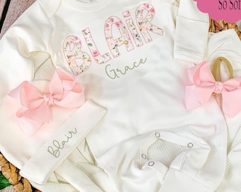 Going home outfit baby outfit girl Personalized Baby Girl Outfit Set Soft Pink and green Coming Home Outfit Baby Girl Shower Gift Outfit