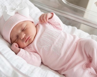 Embroidered Romper Set for Newborn Girl in Pink: Coming Home Outfit New Baby Personalized Take Home Outfit