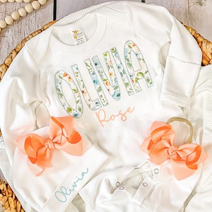 Peach Blooms Newborn girl coming home outfit baby girl coming home outfit personalized baby outfit girl newborn photo outfit hospital outfit