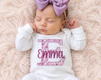 Personalized going home romper embroidered purple floral initial newborn outfit with optional bow hat and swaddle