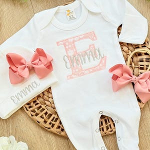 Personalized Embroidered Baby Girl Outfit: Blush Floral Applique, Cotton Romper