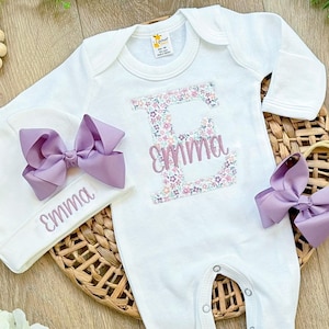 Personalized Baby Girl Coming Home Outfit: Embroidered Floral Initial Footie & Hat