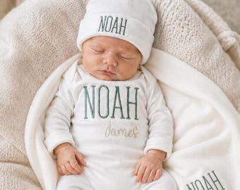 Personalized newborn boy footies take home outfit with name in Sage Green and Beige: Custom hospital outfit with Optional Blanket