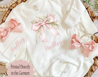 personalized baby Girl Swaddle and Romper: Newborn Coquette Floral Coming Home Outfit Baby Shower Gift Infant Girl Hospital Take Home Outfit