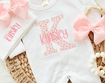 Personalized Baby Girl Coming Home Outfit: Embroidered Pink Floral Initial Footie & Hat