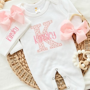 Personalized Baby Girl Coming Home Outfit Embroidered Pink Floral Initial Footie & Hat Take Home Hospital Outfit Newborn First Photos