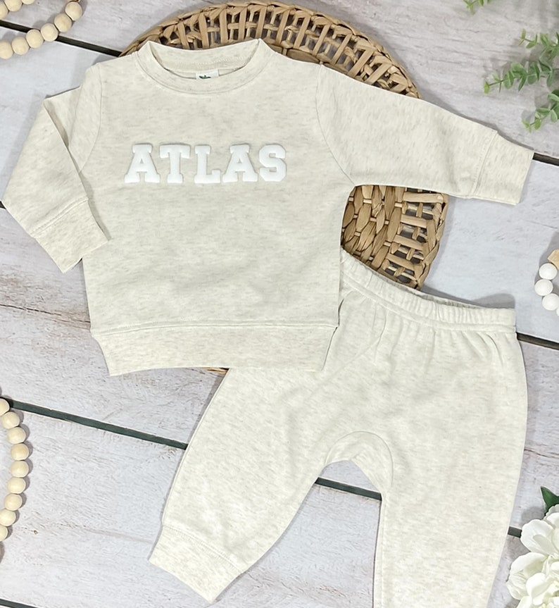 Personalized Baby Sweatshirt With Name in Heather Oatmeal Custom Puff