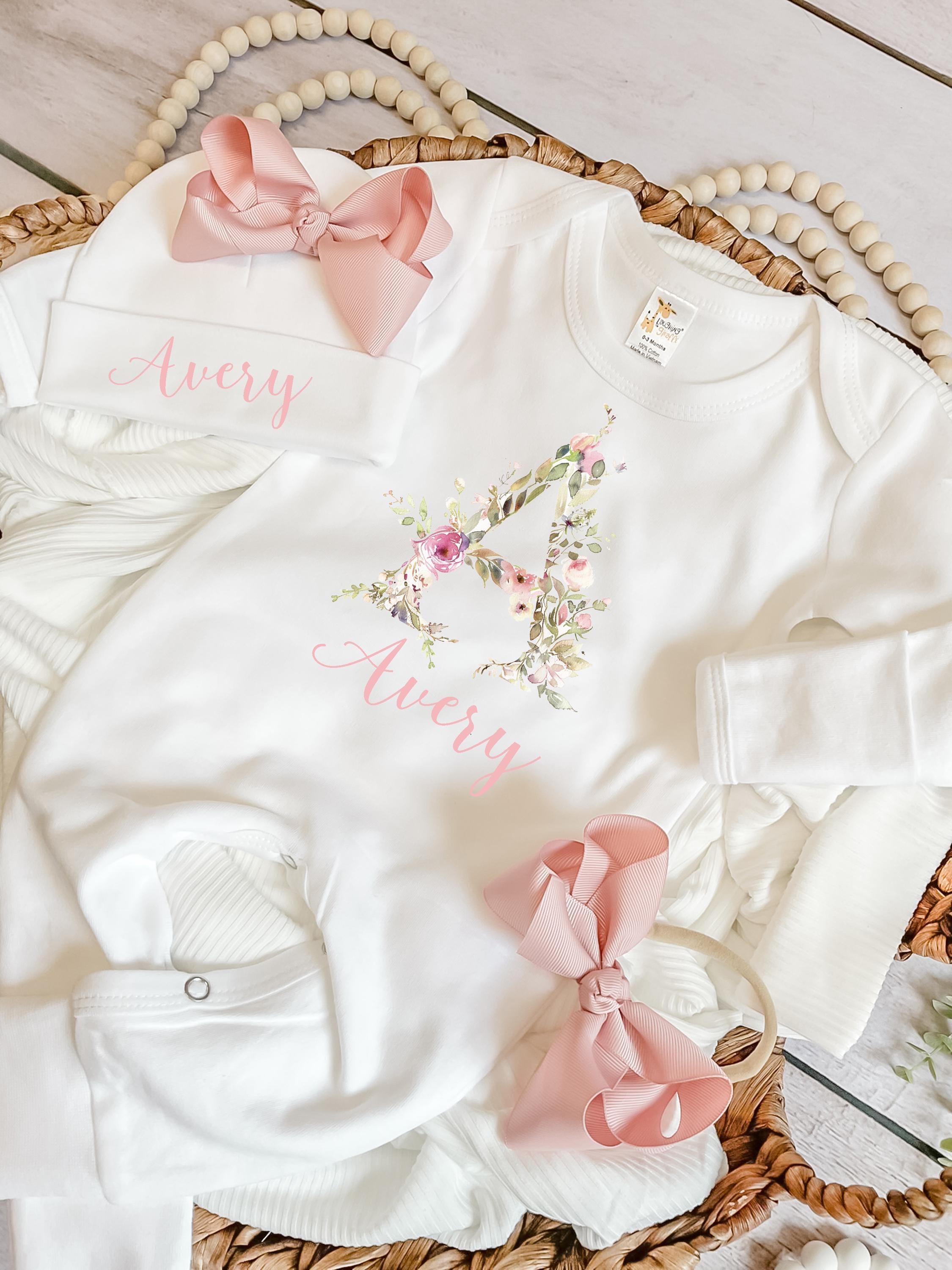 newborn girl wildflower coming home outfit, Personalized baby romper and bow set, custom baby girl coming home outfit, Baby Girl Shower Gift