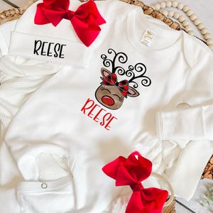 Personalized reindeer baby outfit, custom name Christmas outfit, holiday baby girl bodysuit, festive reindeer baby set, newborn holiday gift