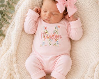 Personalized Baby Girl Pink Wildflower Coming Home Outfit: Embroidered Pink Floral Initial Footie & Hat Take Home Hospital Outfit