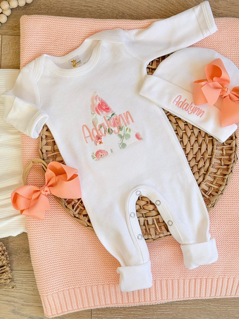 Personalized Baby Outfit: Take Home Newborn Girl Clothing Custom Name Embroidered Romper Coming Home Bring Baby Girl Gift Shower Keepsake image 11