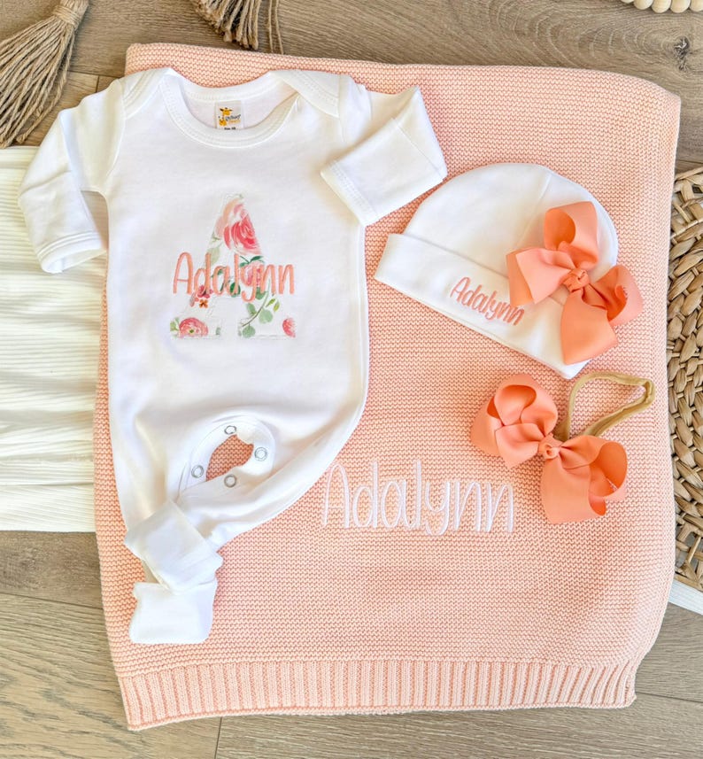 Take Home Baby Outfit Personalized Newborn Girl Clothing Custom Embroidered Name Romper Peach Floral Design Coming Home Hospital Outfit Infant Wear Soft Fabric Baby Girl Shower Gift Keepsake Photos Ready Special Moments First Outfit