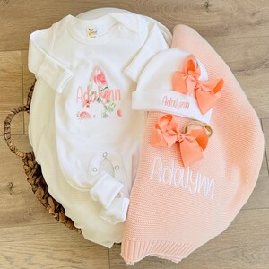 Custom Name Embroidered Baby Outfit Personalized Newborn Girl Clothing Peach Floral Romper Hospital Photos Coming Home Outfit Take Home Baby Girl Soft Fabric Infant Wear Shower Gift Keepsake Special Moments First Day Home Feminine Style