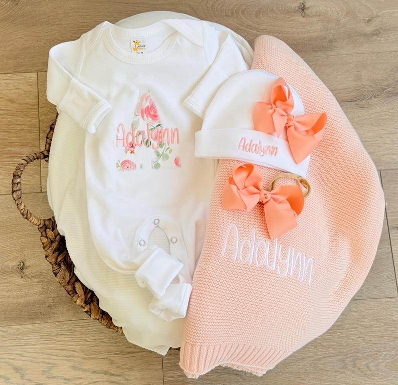Custom Name Embroidered Baby Outfit Personalized Newborn Girl Clothing Peach Floral Romper Hospital Photos Coming Home Outfit Take Home Baby Girl Soft Fabric Infant Wear Shower Gift Keepsake Special Moments First Day Home Feminine Style