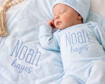 Personalized Swaddle Blanket and Romper Set: Baby Blue Embroidered Newborn Outfit, Baby Shower Gift, Baby Boy Coming Home Outfit