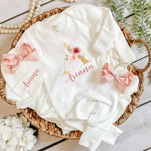 Personalized baby girl outfit Custom name coming home outfit Initial baby girl outfit baby shower gift Gold and Rose baby set