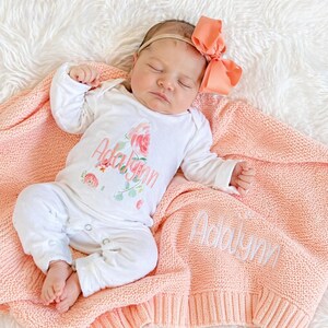 Newborn Girl Clothing Personalized Baby Outfit Custom Name Romper Take Home Hospital Outfit Peach Floral Design Embroidered Infant Wear Coming Home Baby Girl Shower Gift Keepsake Soft Fabric Photos Ready Special Moments Bring Baby Home