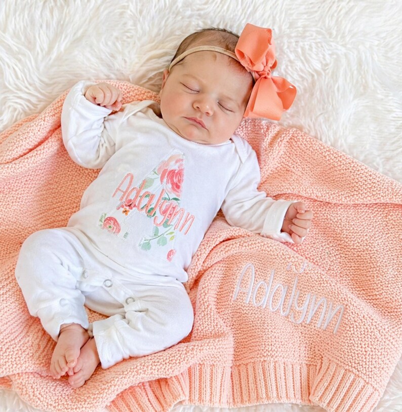 Newborn Girl Clothing Personalized Baby Outfit Custom Name Romper Take Home Hospital Outfit Peach Floral Design Embroidered Infant Wear Coming Home Baby Girl Shower Gift Keepsake Soft Fabric Photos Ready Special Moments Bring Baby Home