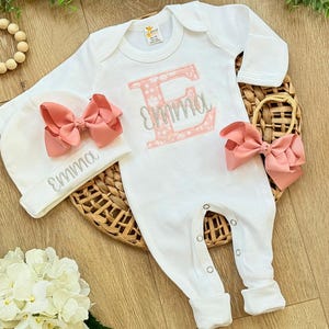 Blush Pink Floral Embroidered Baby Girl Coming Home Outfit: Personalized Romper
