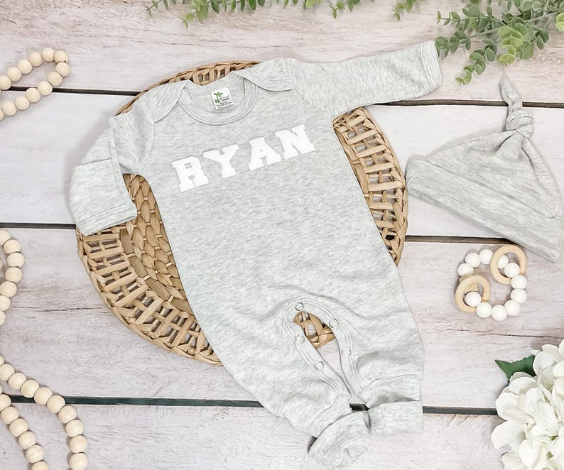 Personalized Baby Boy Coming Home Outfit, Heather Grey Footed Romper