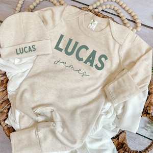 Personalized Green and Beige Newborn Outfit, Woodland Baby Boy Coming Home & Hospital Outfit Custom Baby Boy Clothes, baby boy coming home