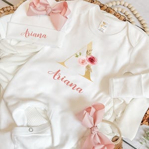 Newborn girl Coming home outfit Personalized baby girl outfit Custom name coming home outfit baby shower gift Gold and Rose baby set