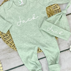 Personalized Baby Romper with Name, Heather Sage Green Footed Romper with Fold-Over Mittens and Hat, Custom Newborn Outfit, Baby Shower Gift