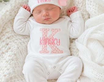 Personalized Baby Girl Coming Home Outfit Embroidered Pink Floral Initial Footie & Hat Take Home Hospital Outfit Newborn First Photos