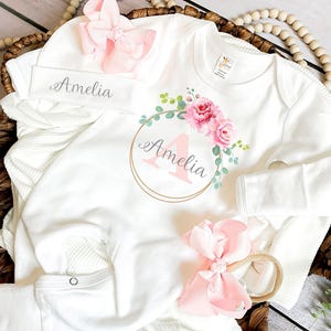 Newborn Baby girl Coming home outfit Personalized baby girl outfit Custom name coming home outfit baby shower gift Floral Wreath