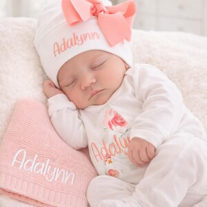Baby Shower Gift Personalized Newborn Girl Outfit Custom Name Embroidered Clothing Peach Floral Romper Take Home Hospital Outfit Soft Fabric Infant Wear Coming Home Baby Girl Keepsake Special Moments Photos Ready Feminine Design Bring Baby
