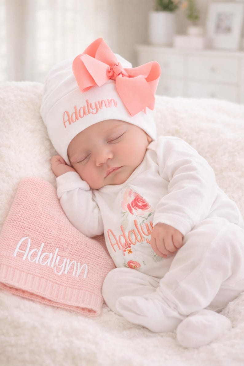 Baby Shower Gift Personalized Newborn Girl Outfit Custom Name Embroidered Clothing Peach Floral Romper Take Home Hospital Outfit Soft Fabric Infant Wear Coming Home Baby Girl Keepsake Special Moments Photos Ready Feminine Design Bring Baby