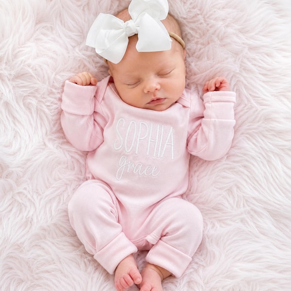 Embroidered Romper Set for Newborn Girl in Pink: Coming Home Outfit New Baby Personalized Take Home Outfit