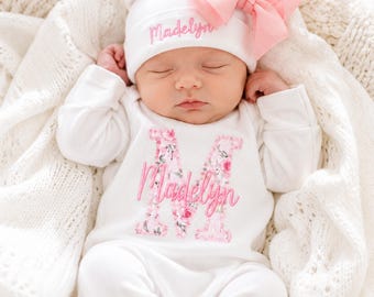 Pink Floral Newborn Girl Custom Romper: Baby Girl Take Home Outfit with Name with optional bow hat, headband, swaddle blanket
